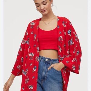 H&M Red Floral Open-Front Kimono Cardigan